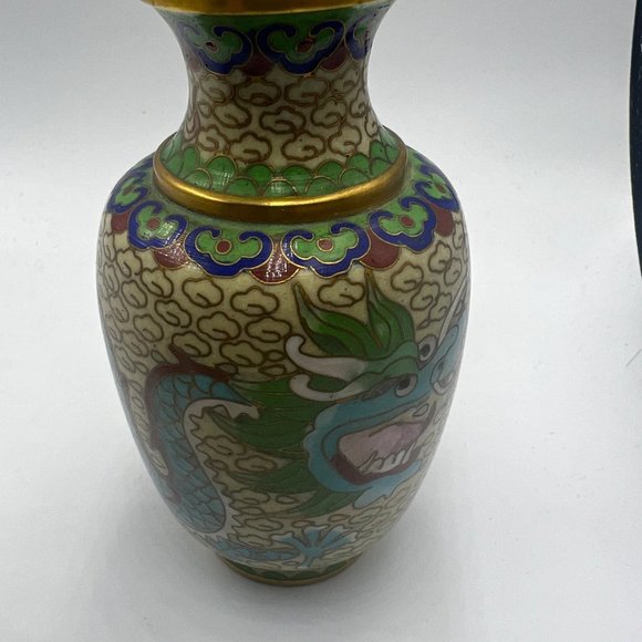Pair of Vintage Chinese Cloisonne Dragon/Lotus Vases Carved Wood Stand Circa Lat - Picture 9 of 9
